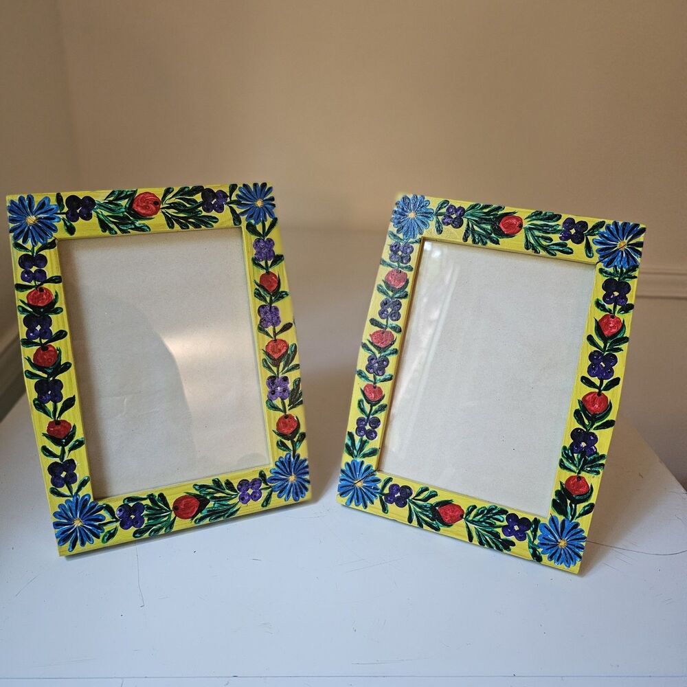 Pair Of Hand Painted Folk Art Wooden Picture Frames Yellow Floral Fits 5x7 Photo